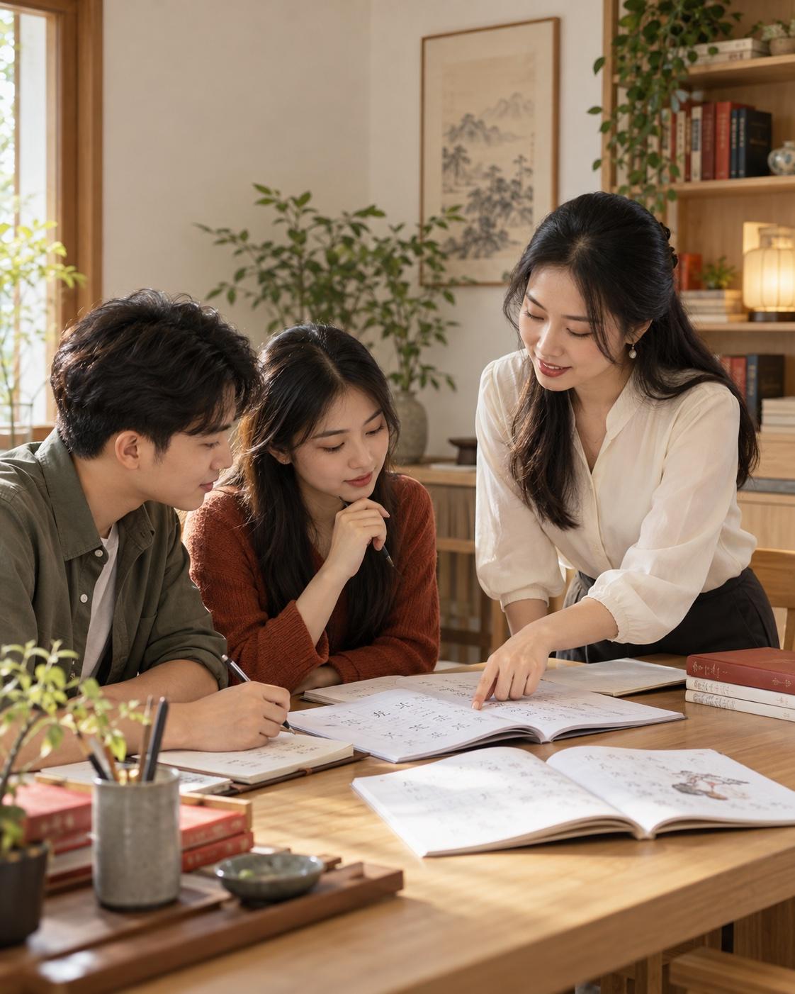Ảnh minh họa AI: giáo viên hướng dẫn học viên luyện tiếng Trung trong lớp học