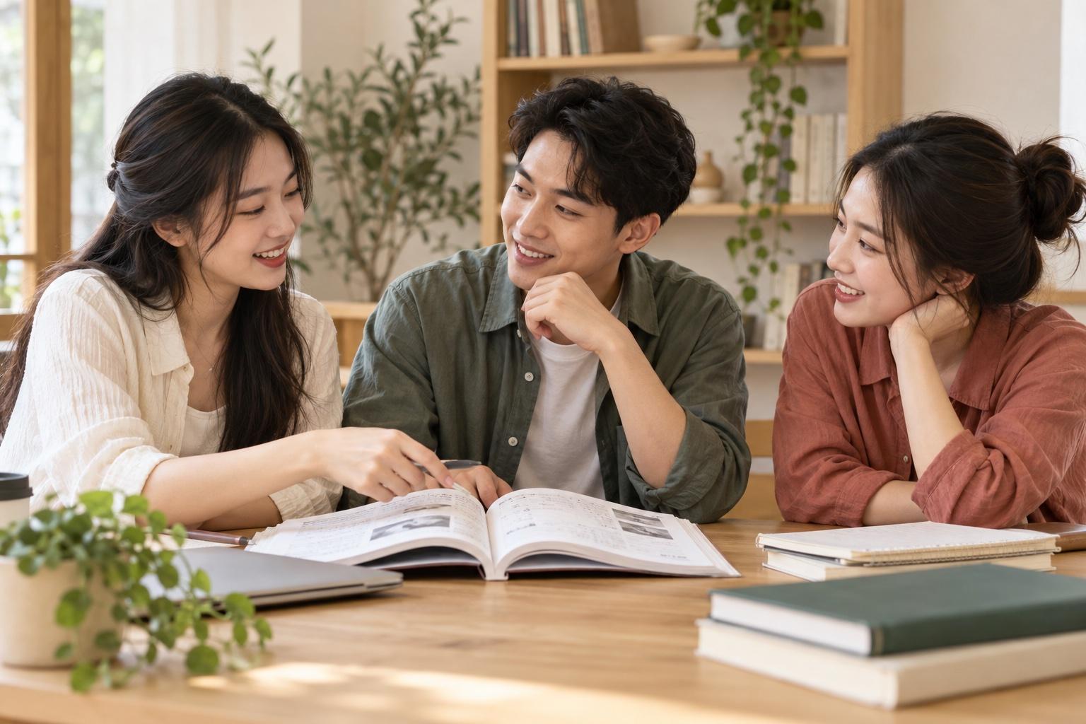 Ảnh minh họa AI: nhóm học viên cùng trao đổi bài học tiếng Trung sau giờ học